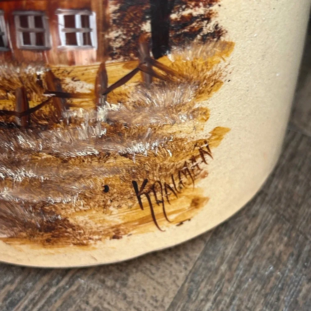 Vintage RRP Co Roseville Ohio Hand Painted Barn Stoneware Cookie Jar Crock Lid